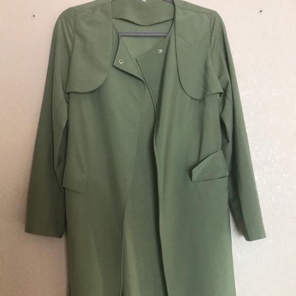 Army Green Long Sleeve Pockets Trench Coat - Picture 8 of 12